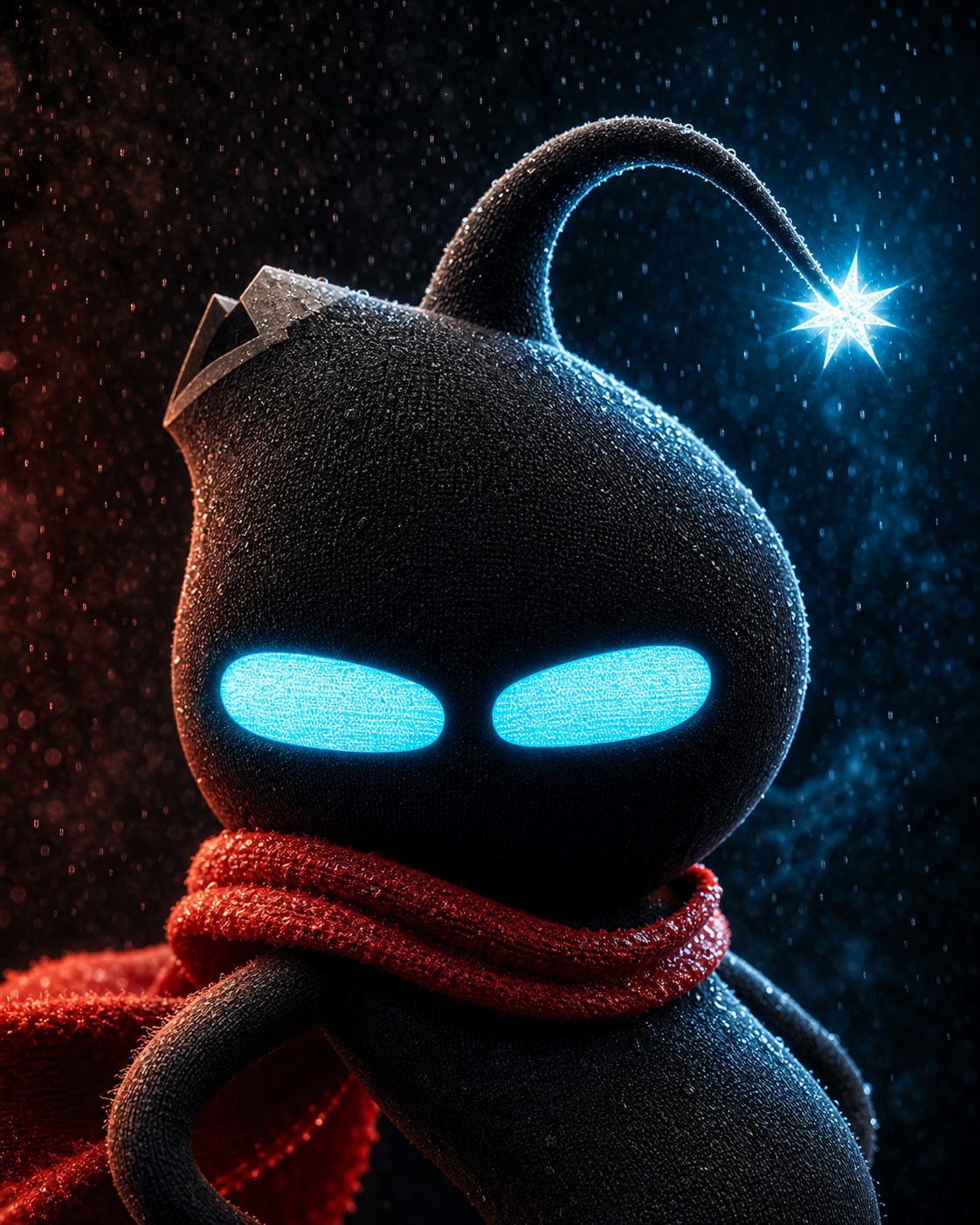 SKWIB, a black fabric character with glowing blue eyes, a blue crown spark, and a red scarf